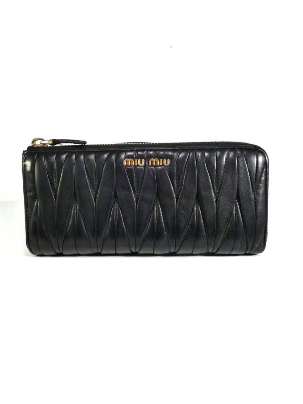 Miu Miu Black Quilted Zip-Around Wallet with Gold Logo